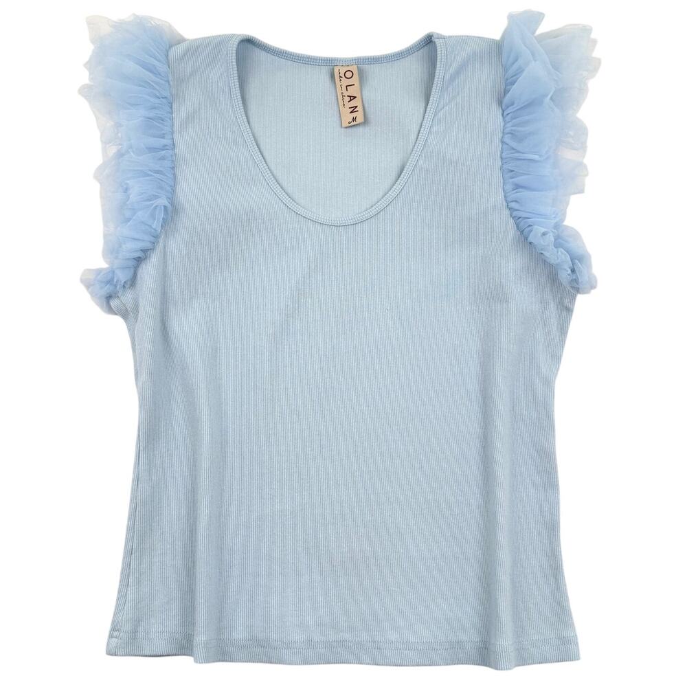 Anthropologie Dolan Ribbed Knit Tulle Sleeve Top Pale Blue Coquette Romantic M